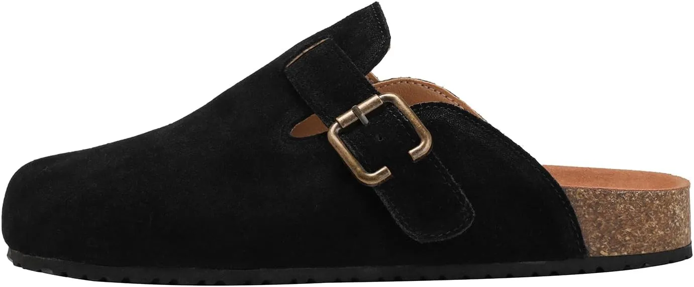 Yenktwei Women's Suede Clogs Cork Footbed Mule Shoes for Women Casual Slip-On Sandals with Arch Support Black