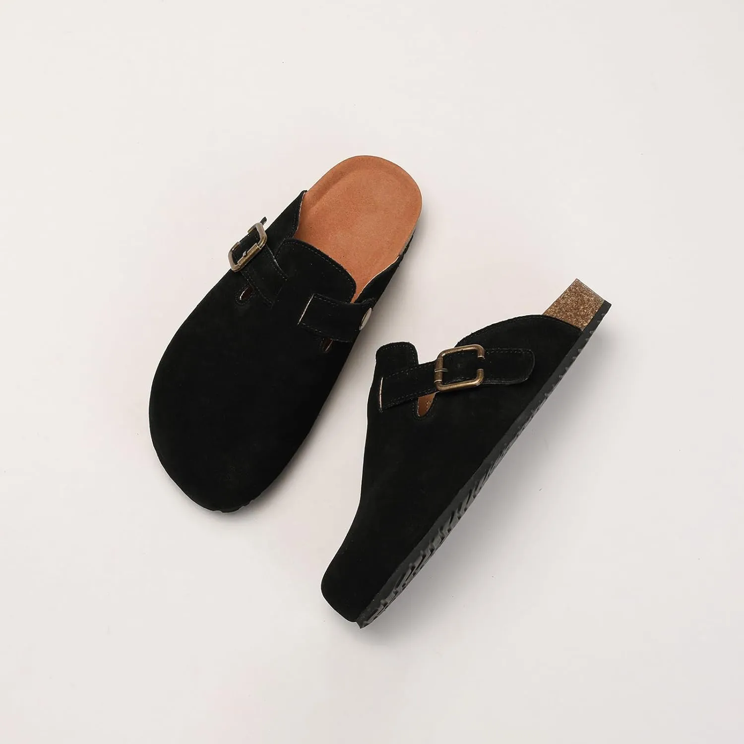 Yenktwei Women's Suede Clogs Cork Footbed Mule Shoes for Women Casual Slip-On Sandals with Arch Support Black