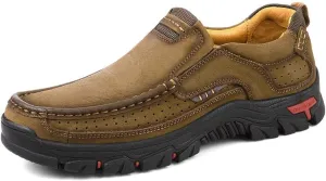YONGJIA Men's Classic Outdoor Leather Non-Slip Lightweight Breathable Loafers Shoes Hiking Casual Shoes