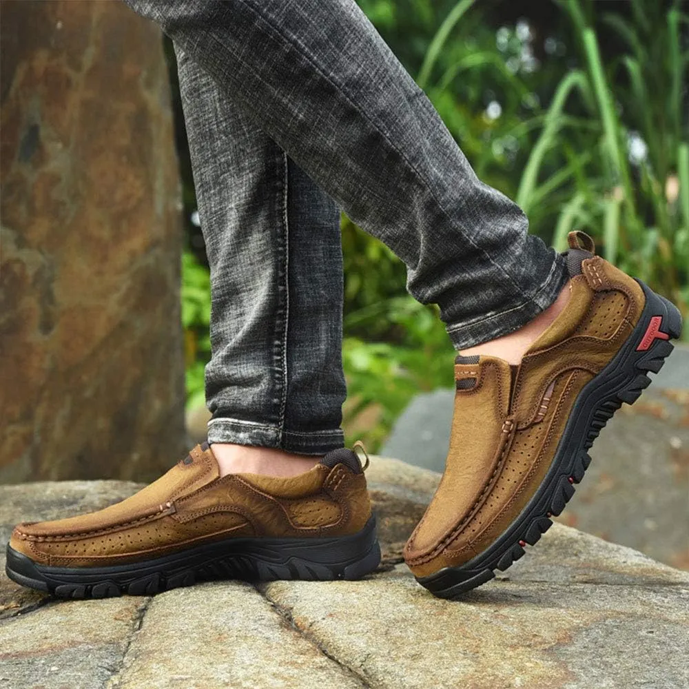 YONGJIA Men's Classic Outdoor Leather Non-Slip Lightweight Breathable Loafers Shoes Hiking Casual Shoes