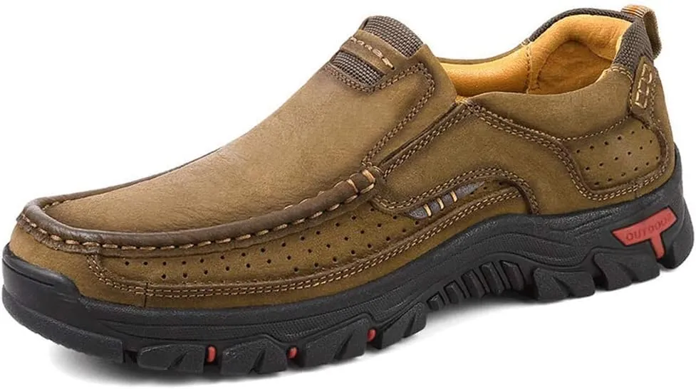 YONGJIA Men's Classic Outdoor Leather Non-Slip Lightweight Breathable Loafers Shoes Hiking Casual Shoes