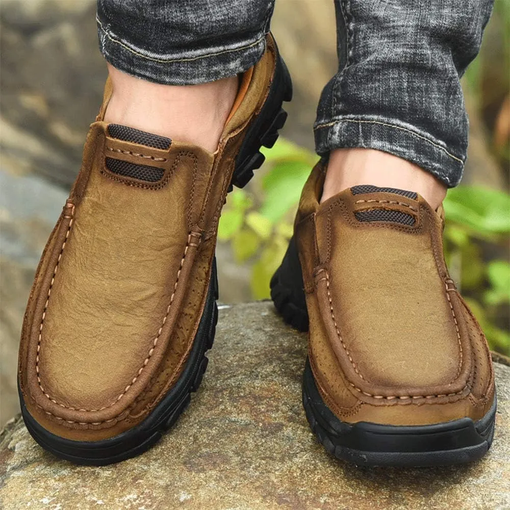 YONGJIA Men's Classic Outdoor Leather Non-Slip Lightweight Breathable Loafers Shoes Hiking Casual Shoes