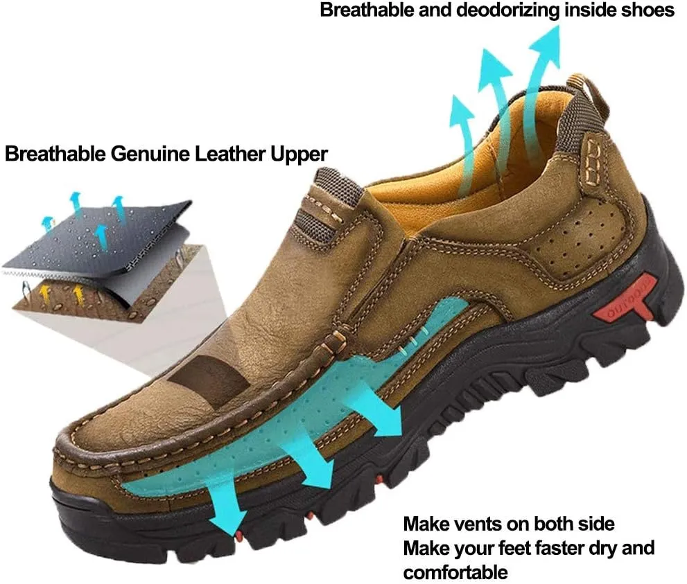 YONGJIA Men's Classic Outdoor Leather Non-Slip Lightweight Breathable Loafers Shoes Hiking Casual Shoes