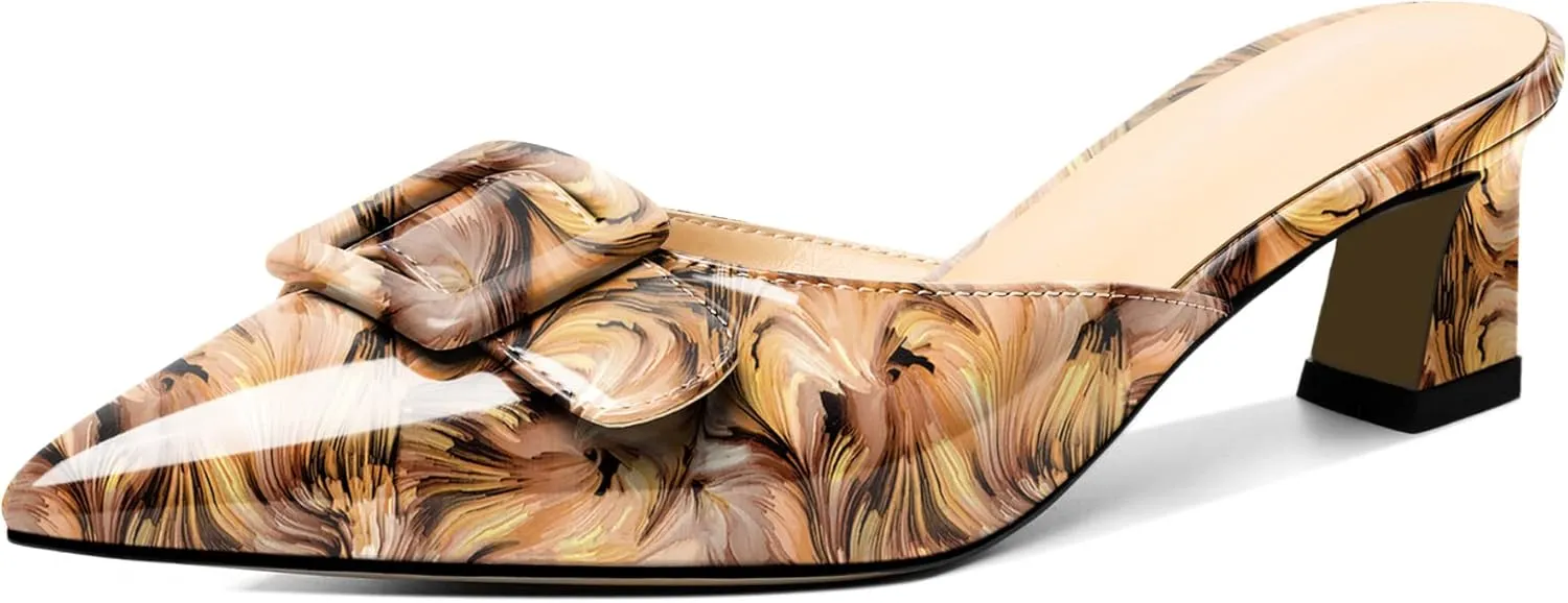 Zamikoo Women's Kitten Heel Mules, Pointed Toe Low Heel Sandals, Slip On Low Heeled Slippers with Buckle Bow, Fashion Wedding Dress Pump Shoes