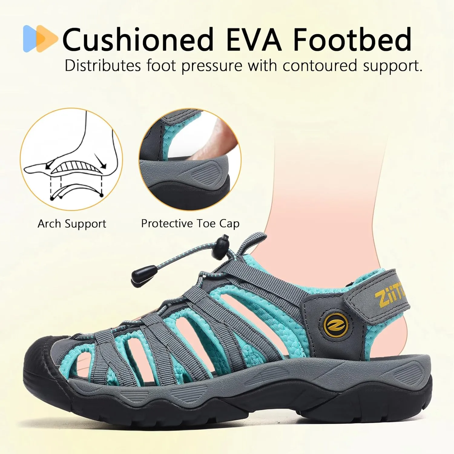ziitop Womens Hiking Sandals Closed Toe Summer Outdoor Adventurous Beach Sandals Lace Adjustable Double Buckle Water Shoes